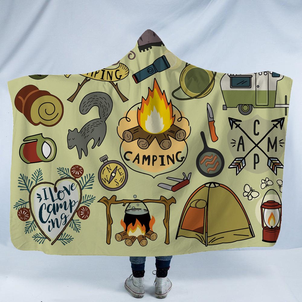 Hooded Blankets Camper Picnic Cloak Kids Camping Throw Blanket Sherpa
