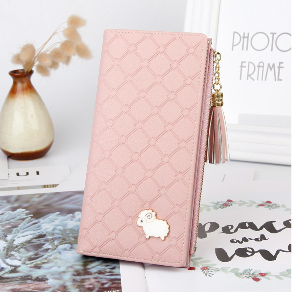 女士钱包韩版长款钱夹多功能搭扣wallet women潮小绵羊流苏拉链包