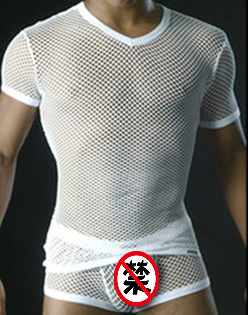 厂家直销男士透明网眼短袖时尚外贸弹力透气V领短袖跨境货源男T恤|ms