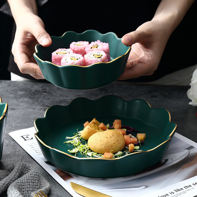 北欧网红ins抖音同款创意圆形描金陶瓷碗盘餐具高档家庭碗碟套装
