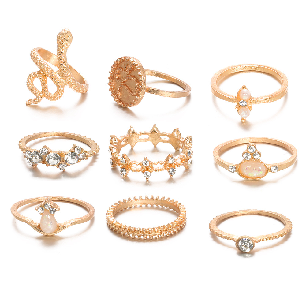 Cross-border New Ring Set Fashion Geometric Snake-shaped Diamond Leaf Ring Tail Ring 9-piece Set display picture 4