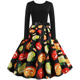 复古赫本风速卖通万圣节款数码印花拼接长袖大摆裙送腰带1128