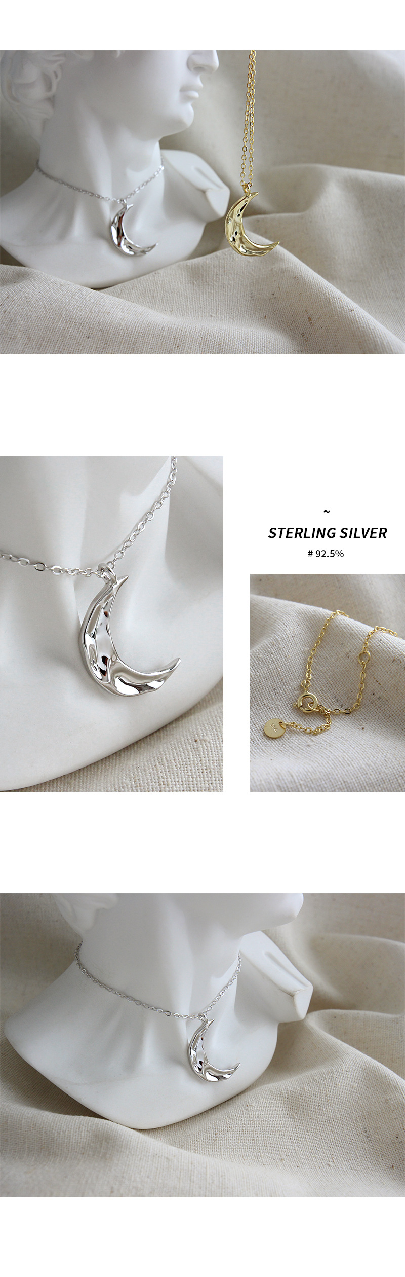 18K Real Gold Plated, Platinum Plated Plating Material 925 Sterling Silver Pendant Material Stone-Free Inlay Material Korean Irregular Concave Convex Surface Moon Silver Necklace