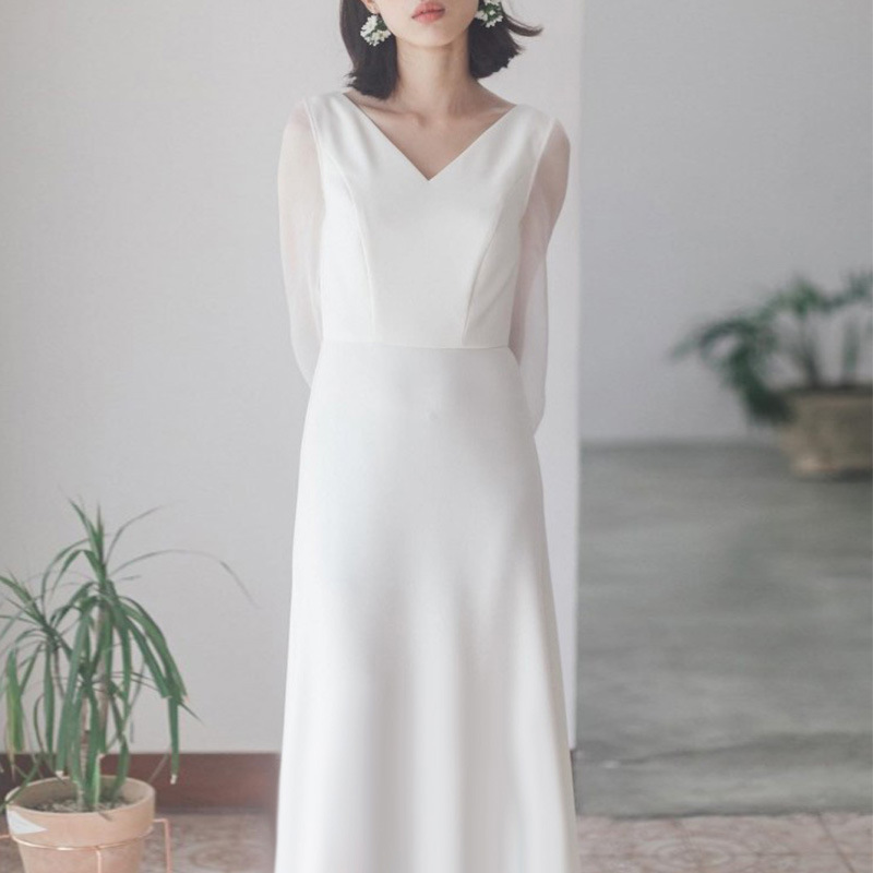 Travel Photography Light Wedding Dress, Forest Style, Super Fairy-Like, Simple White Satin Evening Dress for Women, 2026 New Style, Wedding Going-Out Dress with Long Sleeves Travel Photography Light Wedding Dress, Forest Style, Super Fairy-Like, Simple White Satin Evening Dress for Women, 2026 New Style, Wedding Going-Out Dress with Long Sleeves