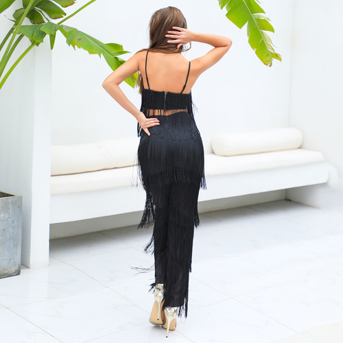 Women black fringed latin dance costumes Sexy V-neck Halter vest off shoulder two piece tassel Wide Leg latin chacha dance Pants Set