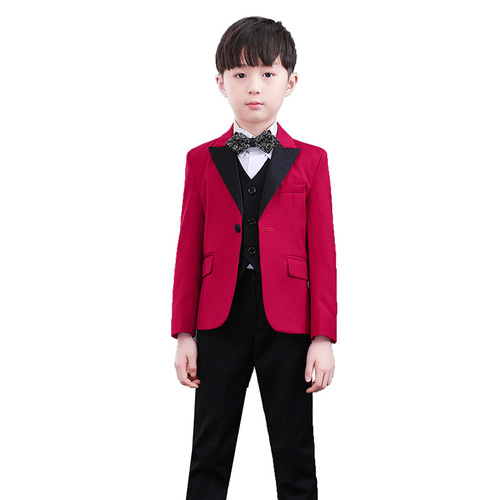 Wine with black jazz dance blazers vest pants set for boy wedding party Flowe boy dress suit host piano singers stage performance outfits Photo studio clothes for kids