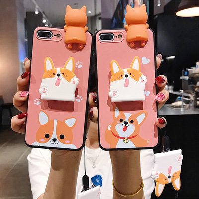 新款可愛卡通狗狗手機殼帶支架趴趴犬適用蘋果iPhone適用oppovivo