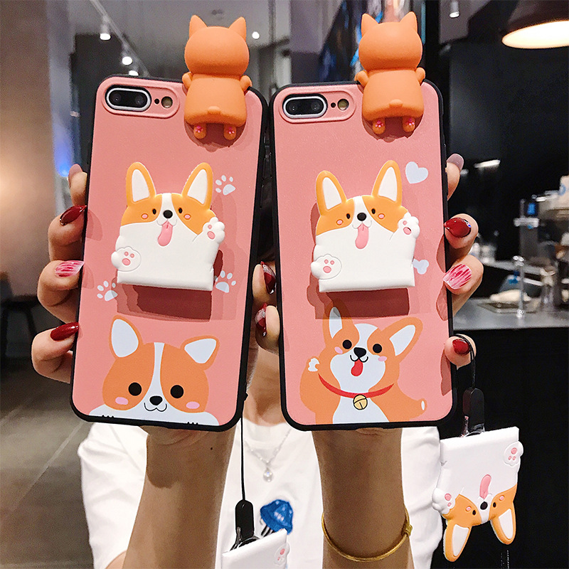 新款可愛卡通狗狗手機殼帶支架趴趴犬適用蘋果iPhone適用oppovivo