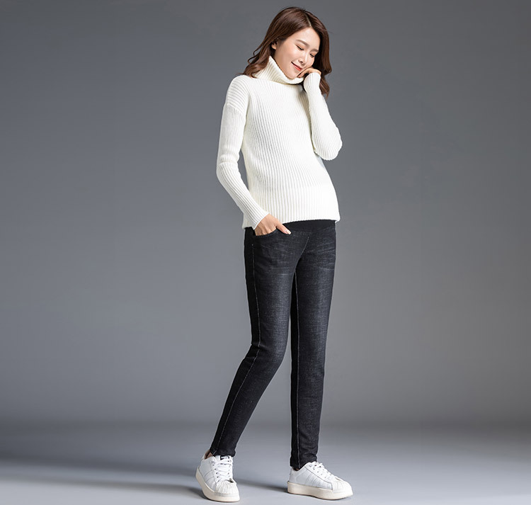 Quần jean nữ ống rộng co giãn lông vũ trắng giữ ấm cho bà bầu — Xanh lam đậm chi tiết 14
