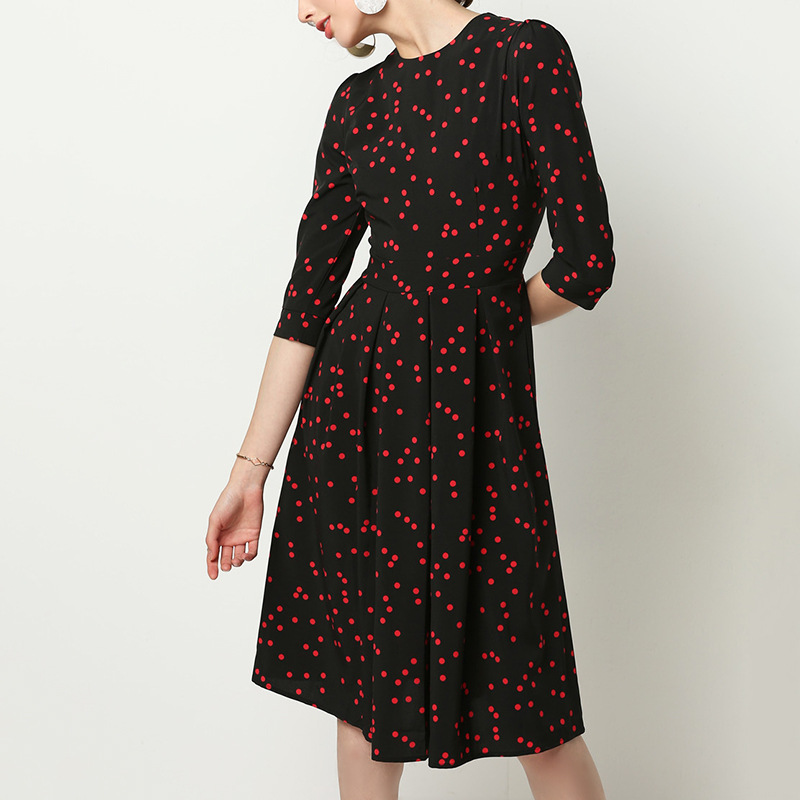 Casual Polka Dot Round Neck Long Sleeve Chiffon Dress NSGE35083