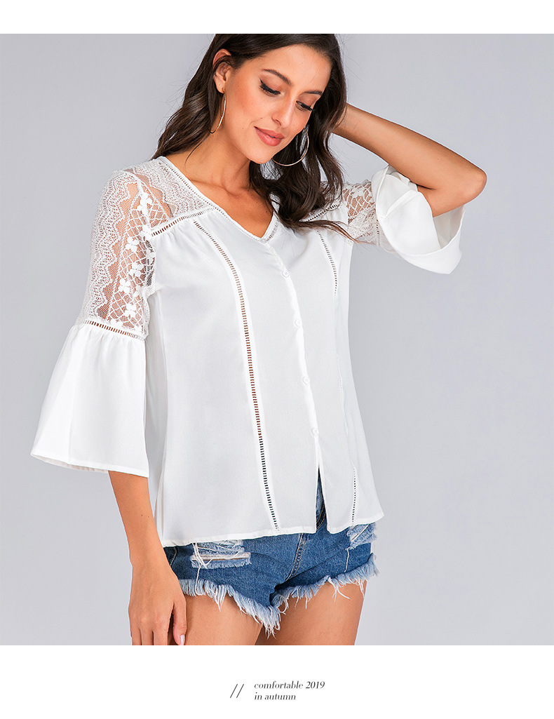 solid color hollow Flared Sleeve V-Neck Lace Bottoming Shirt NSHZ130274