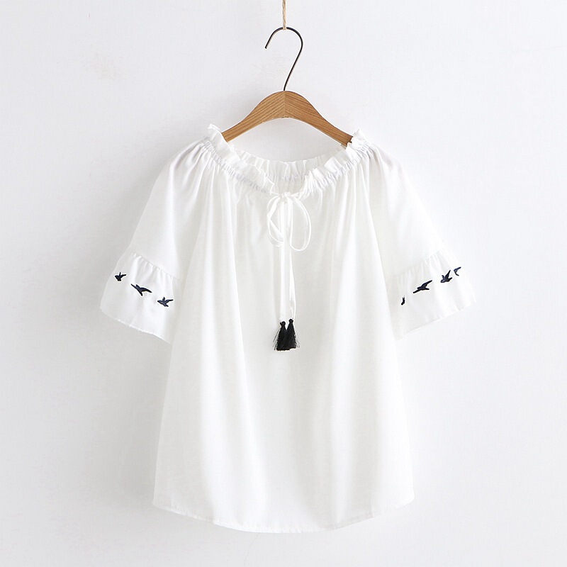 Summer New Style Small Fresh Embroidered Lace-Up Shirt for Women with Chiffon Shirt Loose Top 50629