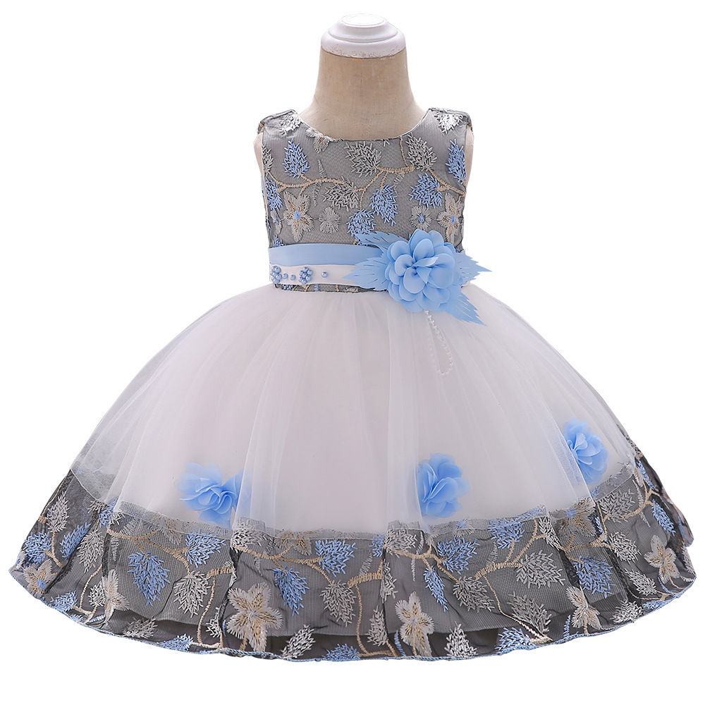 跨境Ebay亚马逊新款幼儿童绣花礼服拼色公主裙女童花朵婚纱礼服裙