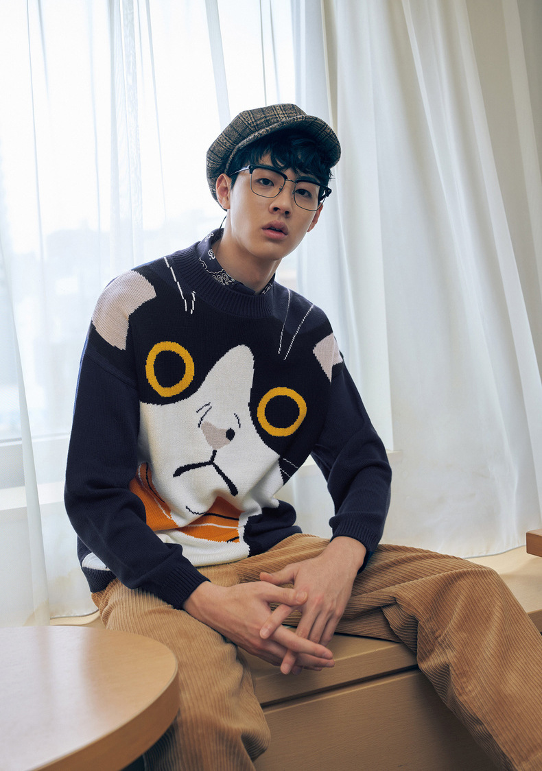 Men's Wool Sweater With Cat Pattern Round Neck Couple Knit Top_voghion.com