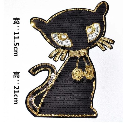 Felt patch decoration for clothing accessories, women's clothing, T-shirts, sweaters, embellishment patches, shiny black cat bead embroidery, large size