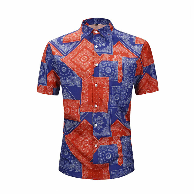 Short-sleeved shirt thin Street Youth Red and blue print shirt 