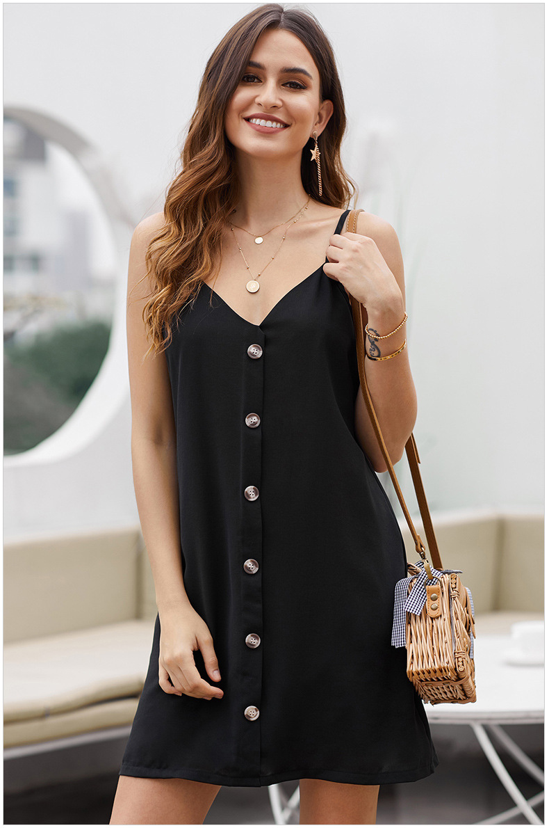 sling summer v-neck solid color sexy single-breasted loose mini dress for women NSSI2417