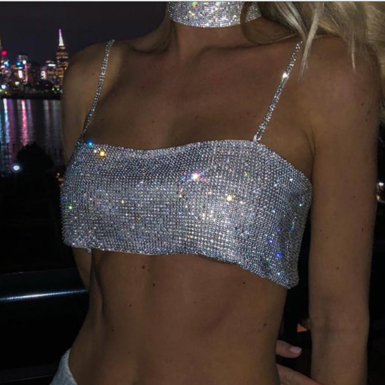 European and American Full-Diamond Sling Umbilical Extra-short Vest Low-cut Diamond-encrusted Sling Wrapped Chest with Lined Fabric European and American Full-Diamond Sling Umbilical Extra-short Vest Low-cut Diamond-encrusted Sling Wrapped Chest with Lined Fabric