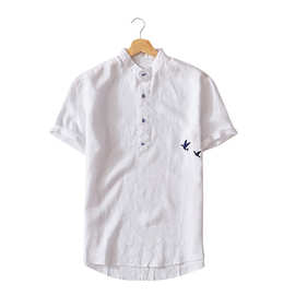 夏季亚麻男士短袖衬衫中国风立领棉麻衬衣加大码工厂一件代发038