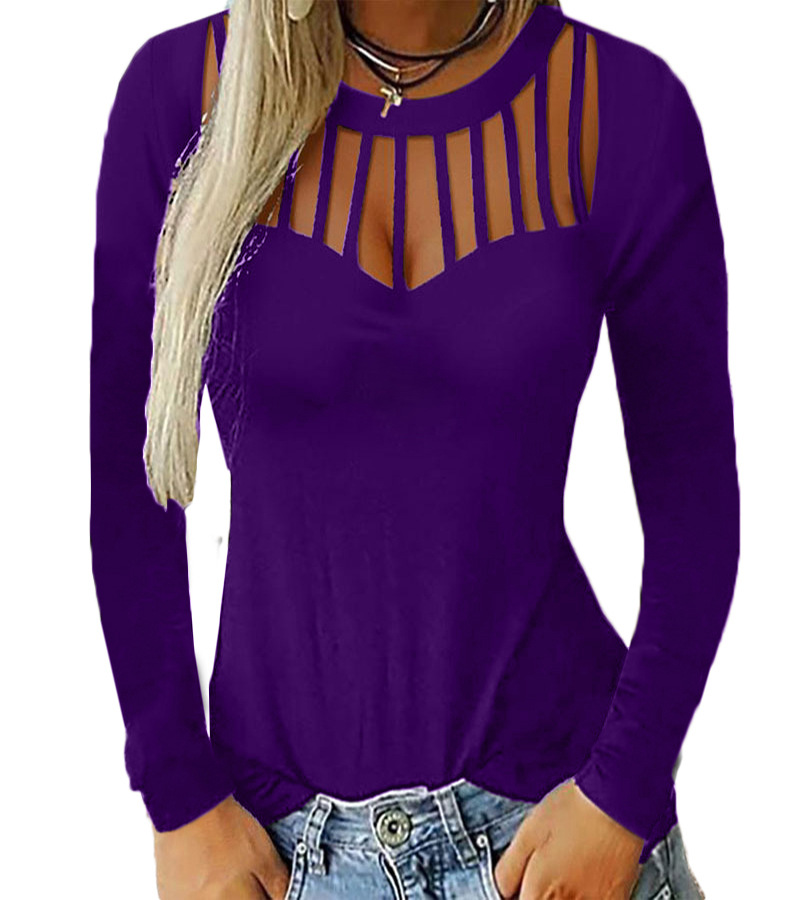 Solid Color Hollow Long-Sleeved T-Shirt NSYHY106893