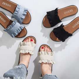 2018夏季新款韩版花边一字拖鞋平跟休闲女凉拖百搭学生平底沙滩鞋