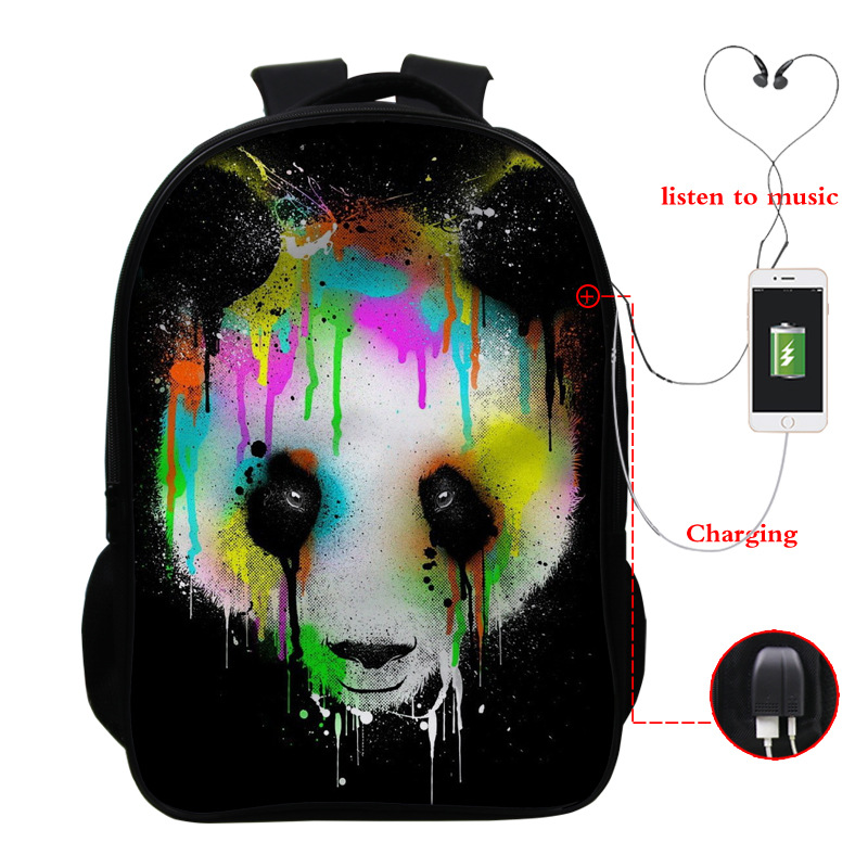 Mochila con patrón de panda gigante del tesoro nacional, bolso escolar para estudiantes, mochila USB a todo color, bolsa de doble capa