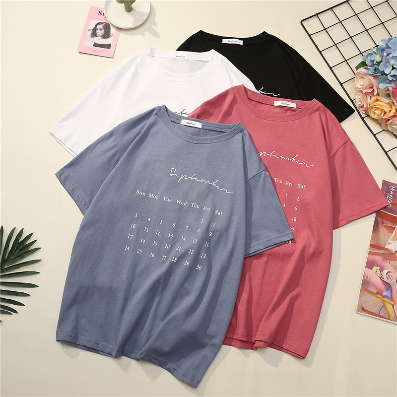 College Feng Sleeve T-Shirt Female 2021 Korean Women's Loose Calendar Table Printing Set Leisure Braise 1020