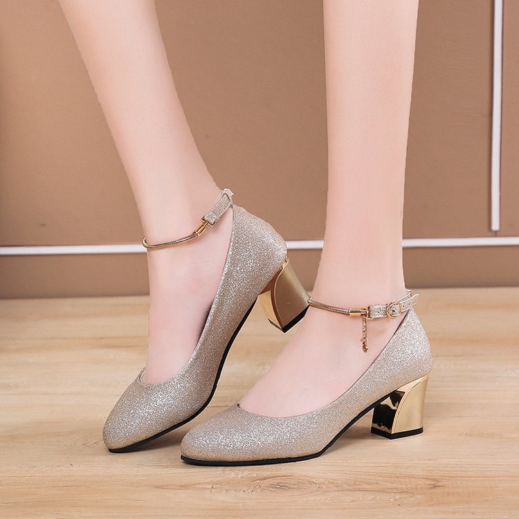 Women's Shoes Foreign Trade Explosions Summer Fashion Round Head Thick Heel Women's Shoes Korean Style One Word Buckle with Gloss Princess Shoes High Heels