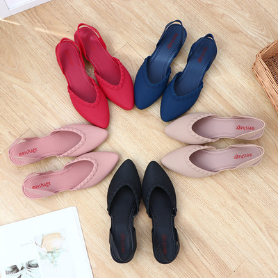 夏季包头塑胶防滑凉鞋女尖头坡跟韩时版潮百搭浅口中跟工作休闲鞋|ms