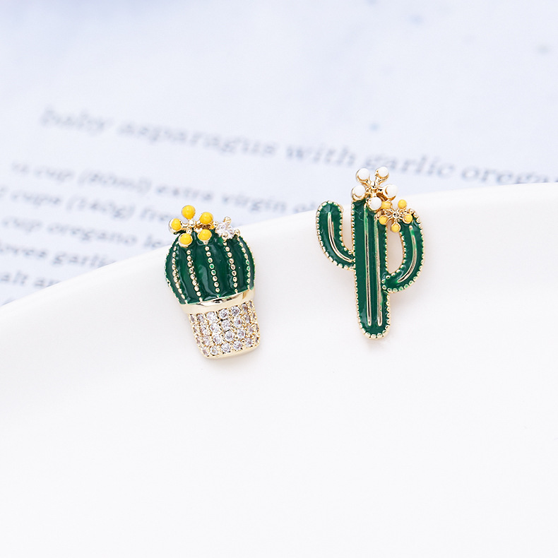 New Asymmetric Sterling Silver Needle Micro Inlaid Zircon Temperament Earrings Cactus Earrings Painted Earrings display picture 9