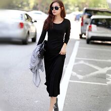 批发春秋大码女装胖mm连衣裙长袖百搭莫代尔长裙修身显瘦打底裙子