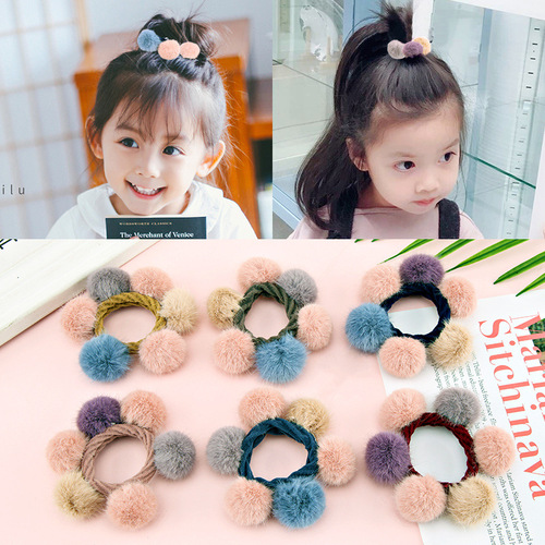 2pcs Children's baby hanfu hair accessories Multicolor imitation mink hair ball hair rope baby cute hair tie rubber band headdress
