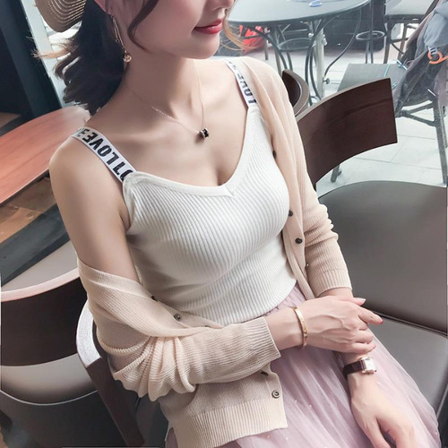 Women's 2025 Chic Knit Small Straps Summer Base Layer Ice Silk Letter Shoulder Straps V-Neck Outerwear Top