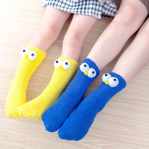 3 pairs colorful Coral fleece eye socks Thickened warmth without heel  socks for girls kids tube socks loose mouth parent-child sleep socks