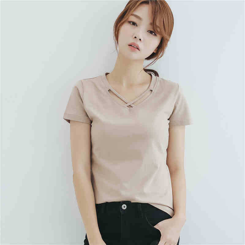 纯加工夏季新款简约宽松显瘦上衣纯色交叉修身打底衫V领短袖t恤女|ms