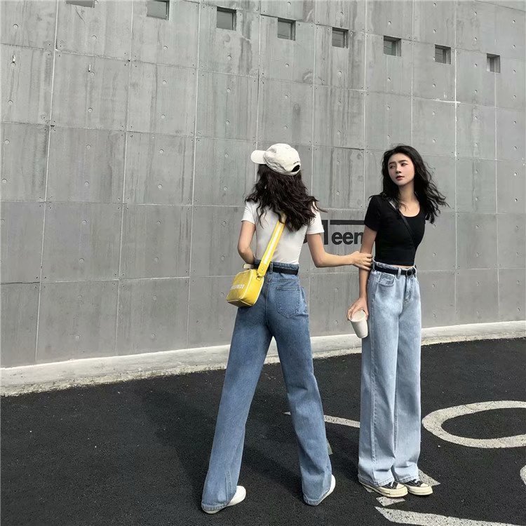 한국 패션 올 매치 MOPPING PANTS 여성의 느슨한 높은 허리 넓은 다리 바지 스트레이트 대외 무역 유럽과 미국 여성 청바지