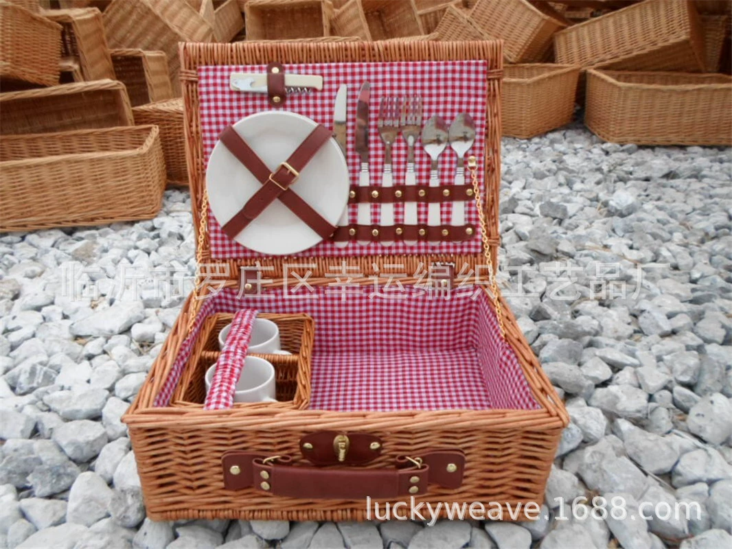 Пикниковая корзина Lucky Weaving, ивовая для 2 человек с полным набором посуды, 48×22×34 см