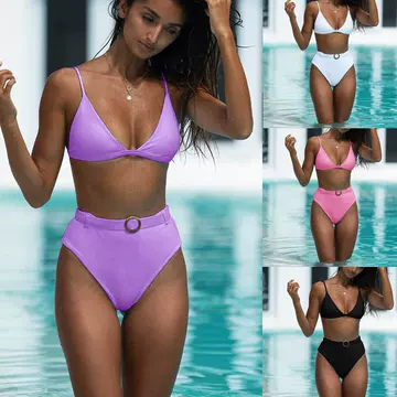 New European And American Solid Color High Waist Sexy Bikini Swimsuit Ladies Swimwear - ShopShipShake