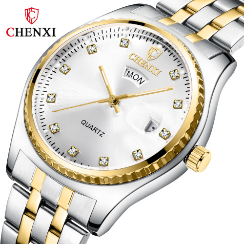 Couple pair watch double calendar cross-border diamond fashion business watch foreign trade live broadcast manufacturer chenxi quartz watch