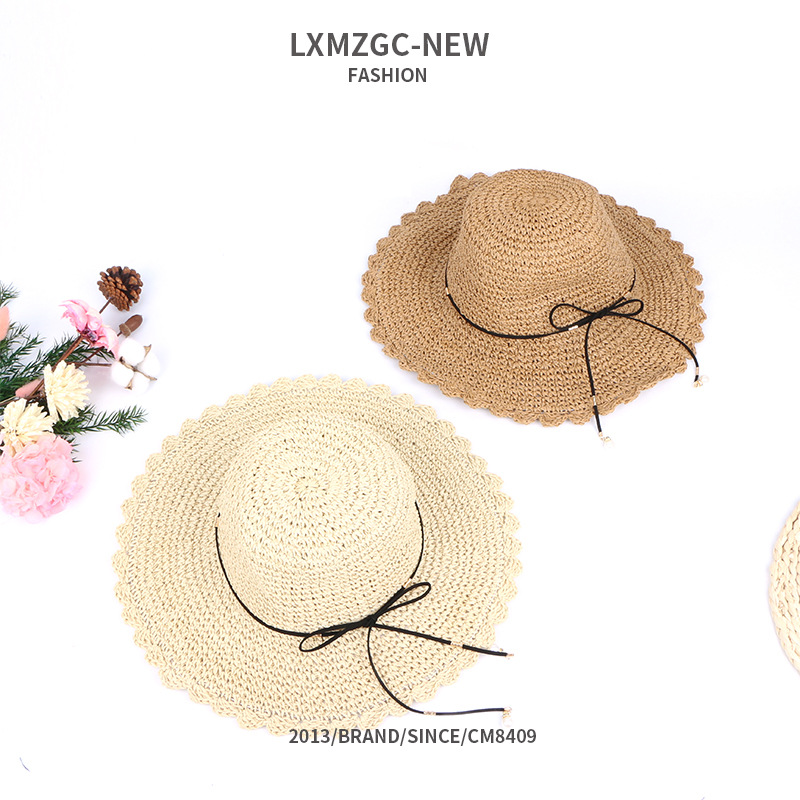 Korean Style Pearl Pendants Ruffles Sunshade Handmade Hollow Straw Hats display picture 1