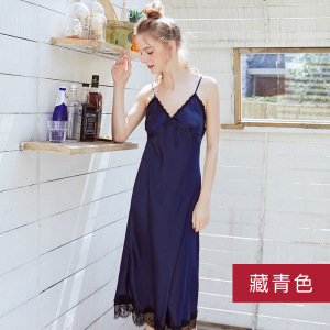 跨境新品夏季睡衣女士性感吊带睡裙长款黑色花边丝绸家居服1178