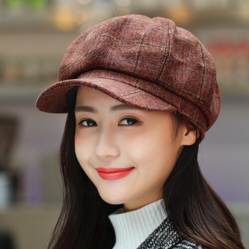 Beret women's autumn and winter British painter's hat men's Korean peaked cap women's Korean style versatile Japanese plaid octagonal hat