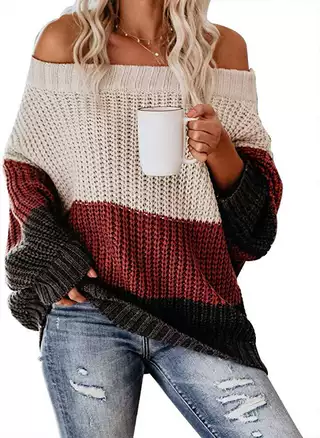 Women's Fashion Loose Casual Patchwork Stripes Knitwear - Red - View 1