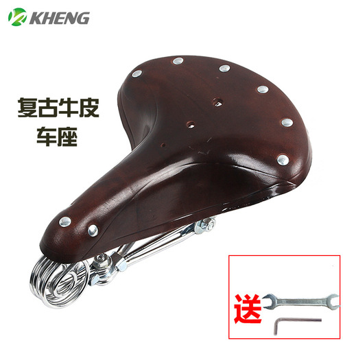 Bicycle cowhide seat cushion mountain bike retro saddle riding elephant trunk spring real cowhide equipment old style seat cushion