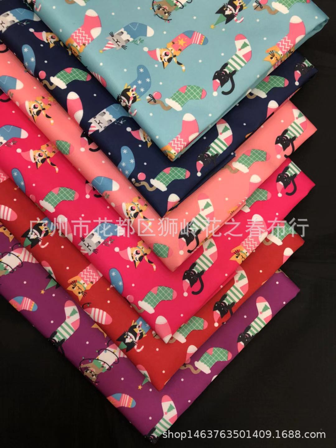 花之春涤纶牛津印花布普通环保380T防水复合布袜子猫布料厂家直销