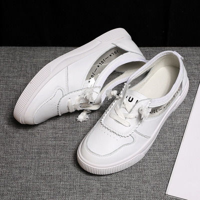 小白鞋女2019夏款平底网红百搭真皮板鞋一脚蹬懒人浅口一件代发|ms