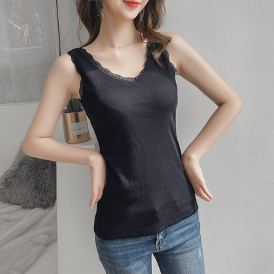 2019蕾絲小花邊V領棉背心女夏季韓版百搭螺紋修身內搭上衣打底衫