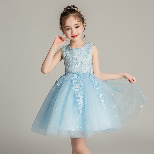 Children  white blue pink lace princess dress flower girls model show singer performance pettiskirts kindergarten children baby piano performing costumes