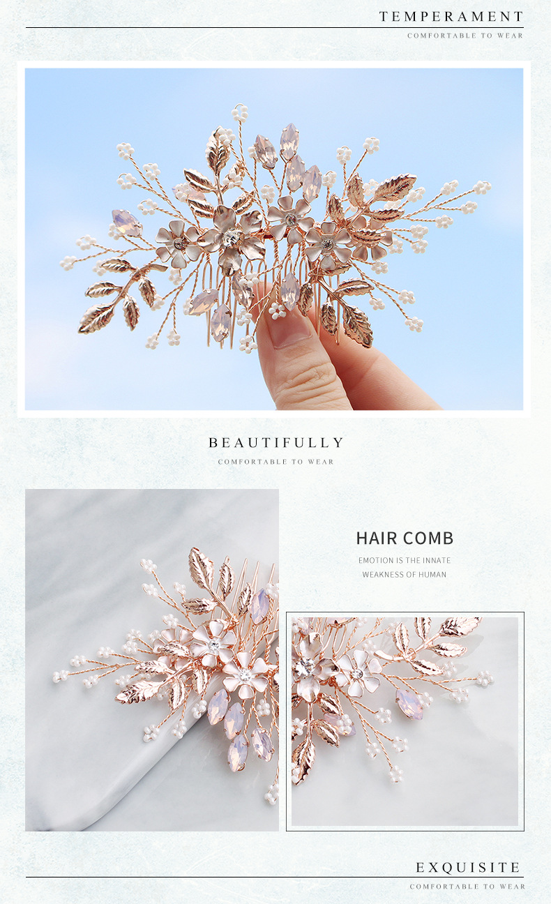 Fashion Simple Flower Hair Comb Handmade Pearl Rhinestone Insert Comb display picture 1