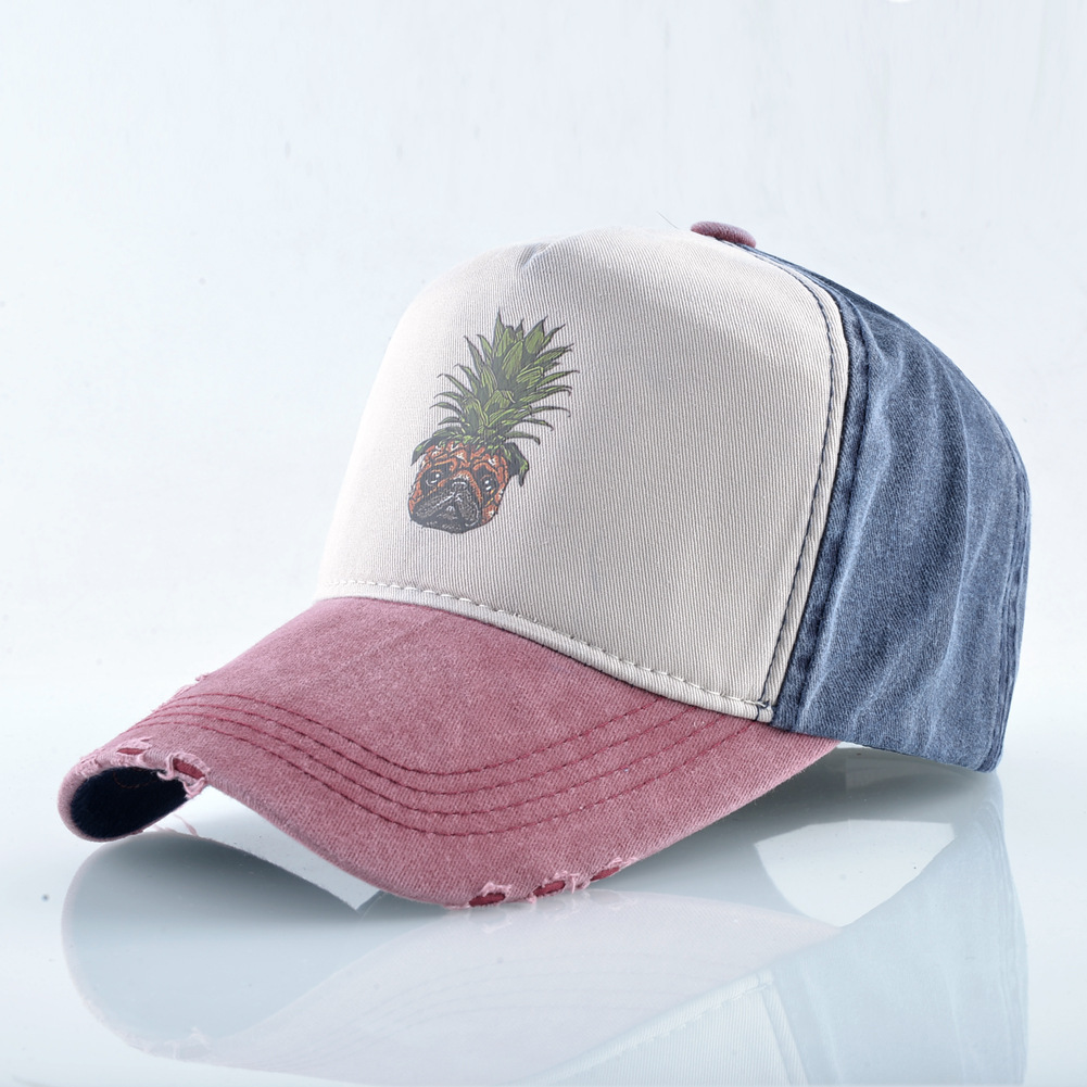 Cappellino da baseball in denim lavato con stampa ananas e cane, ideale per donna, primavera/estate, street dance, hip hop, coppia, taglia unica, regolabile, con becco d'anatra._voghion.com